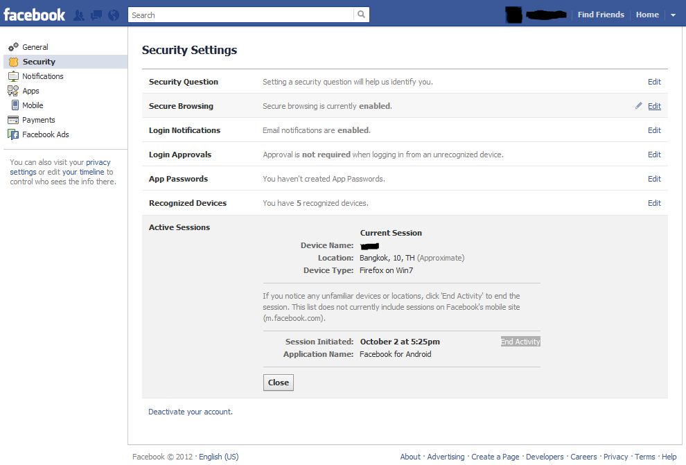 facebook security settings page