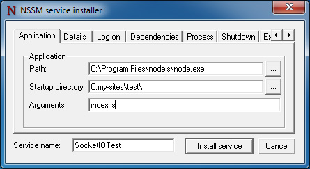 nssm install node.js, socketio