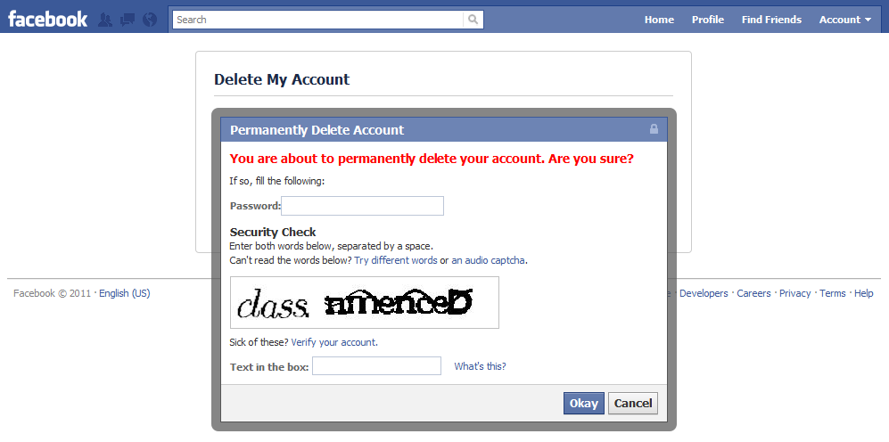 delete facebook account confirmation