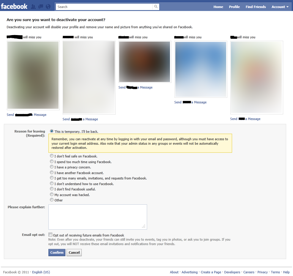 facebook ask for confirm deactivate account
