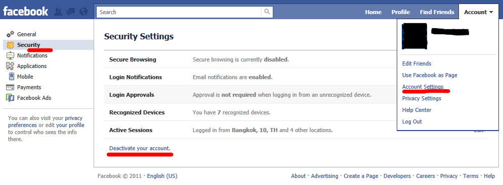 facebook settings > deactivate account