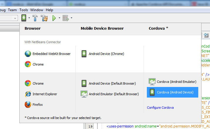 netbeans select cordova android device